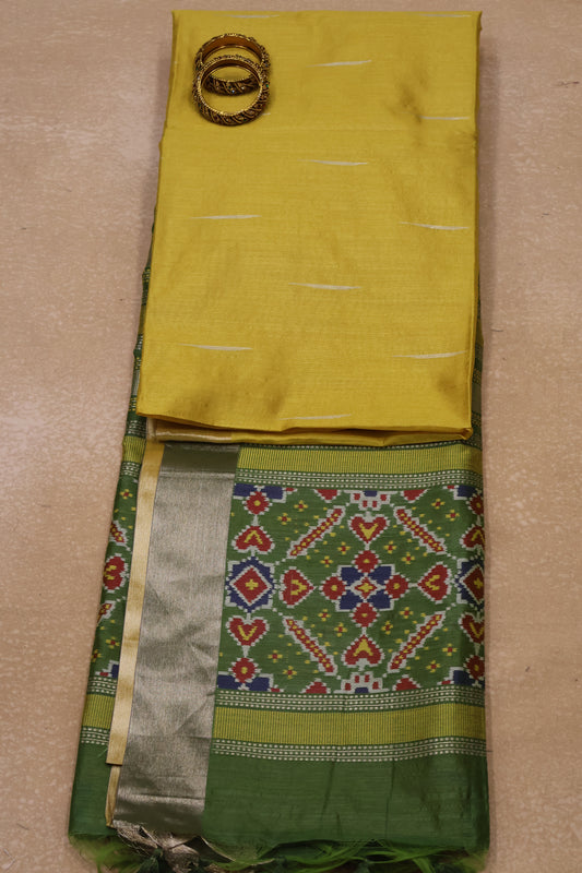Semi Raw Silk Saree - Mustard Ikkat Print