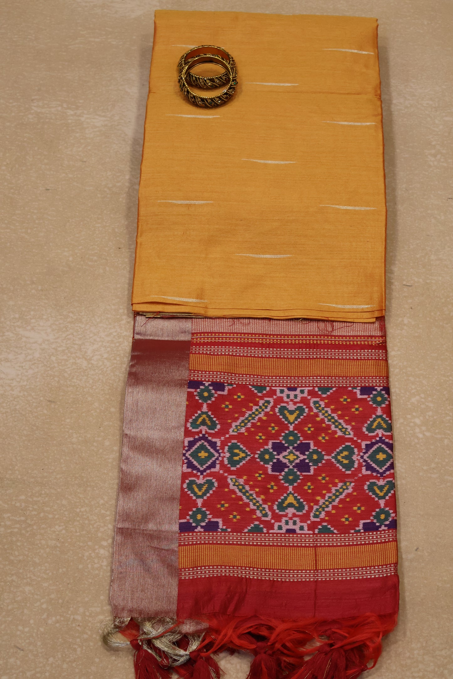 Semi Raw Silk Saree - Orange Ikkat Border
