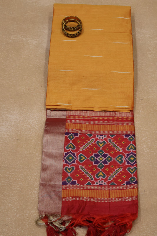 Semi Raw Silk Saree - Orange Ikkat Border