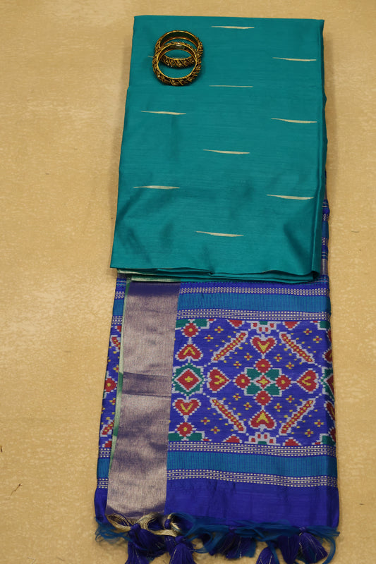 Semi Raw Silk Saree - Peacock Green Ikkat Border