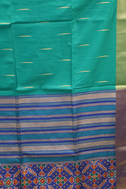 Semi Raw Silk Saree - Peacock Green Ikkat Border