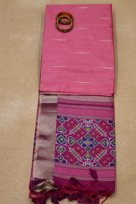 Semi Raw Silk Saree - Pink Ikkat Border