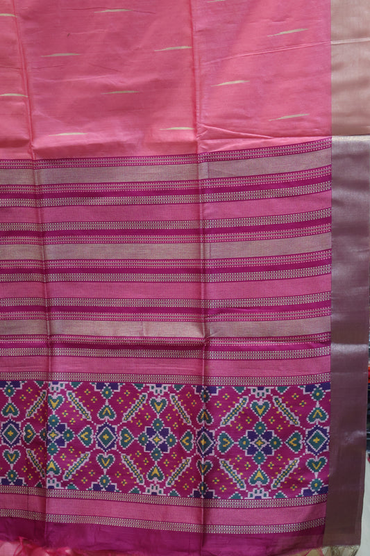 Semi Raw Silk Saree - Pink Ikkat Border