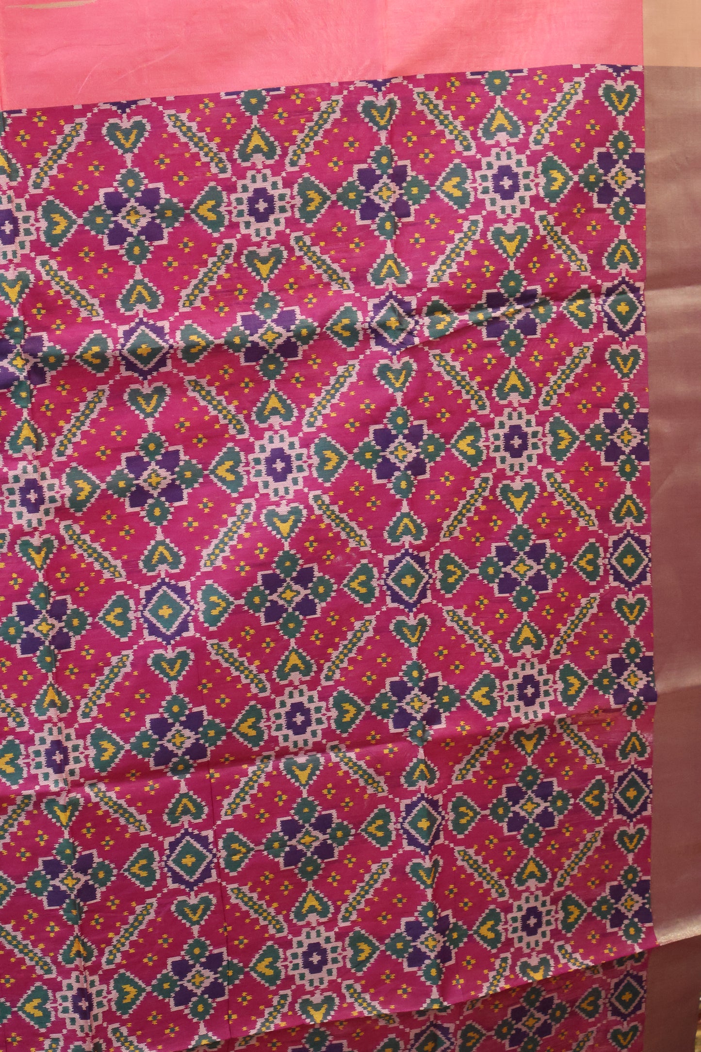 Semi Raw Silk Saree - Pink Ikkat Border
