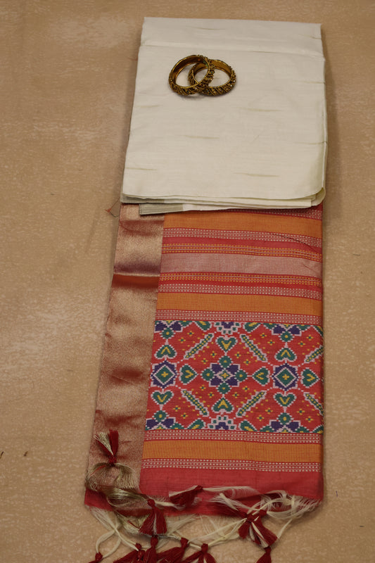 Semi Raw Silk Saree -Off White Ikkat Border