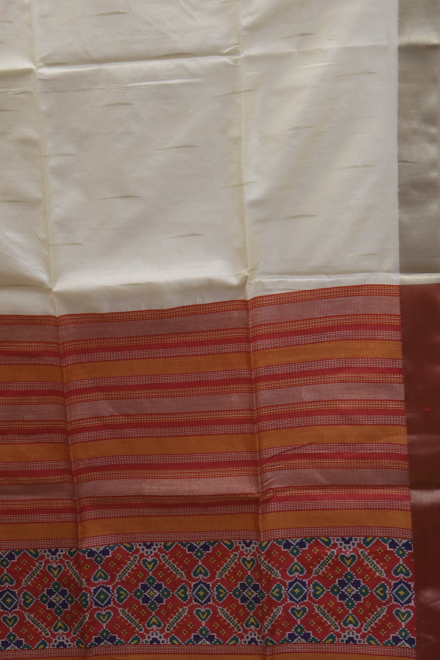 Semi Raw Silk Saree -Off White Ikkat Border