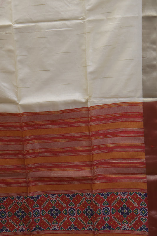 Semi Raw Silk Saree -Off White Ikkat Border