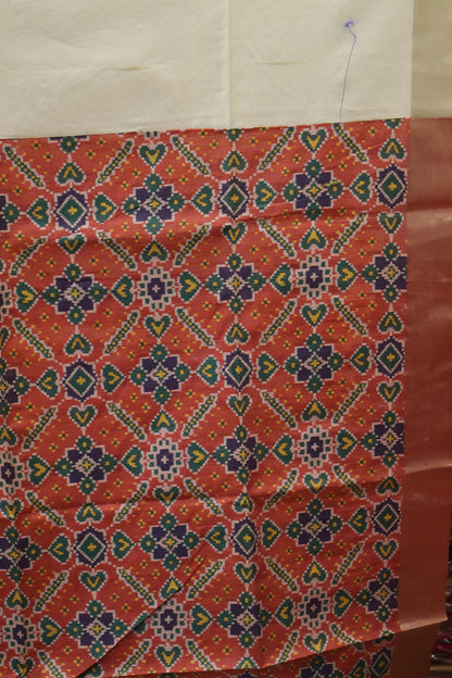 Semi Raw Silk Saree -Off White Ikkat Border