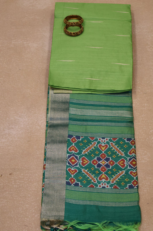 Semi Raw Silk Saree -Green Ikkat Border