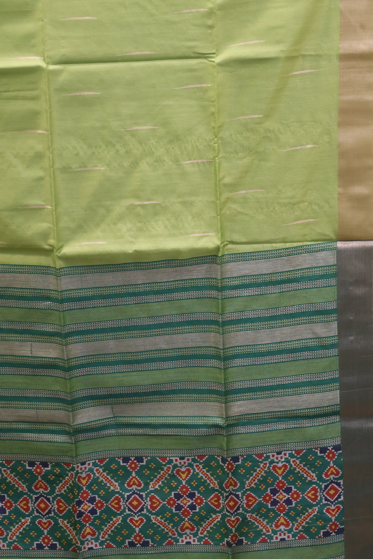 Semi Raw Silk Saree -Green Ikkat Border