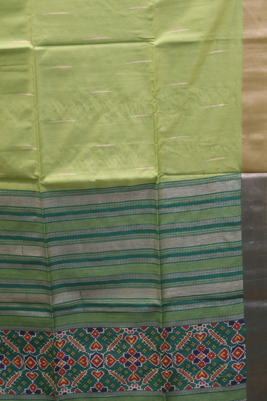 Semi Raw Silk Saree -Green Ikkat Border