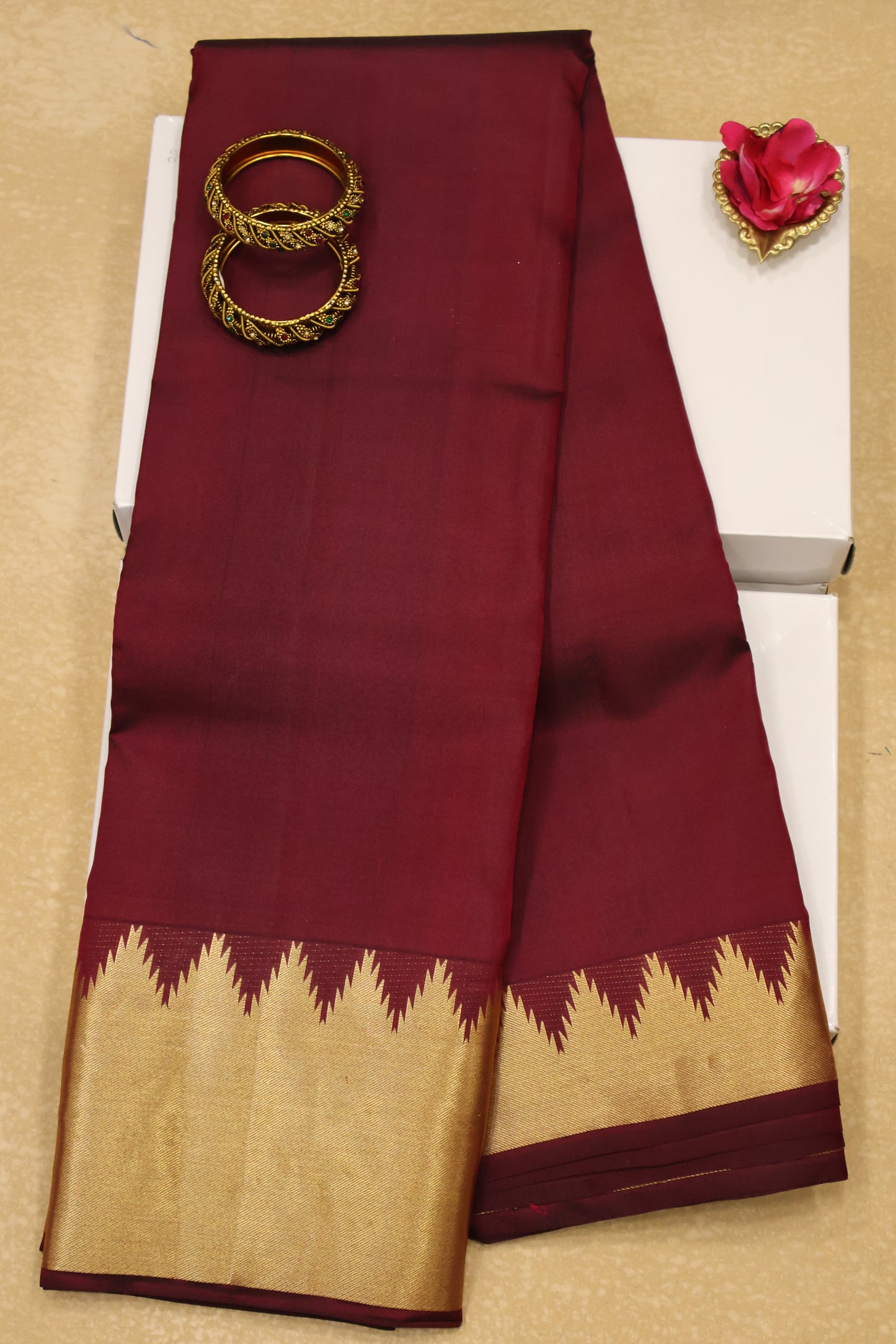 Pure Kanjivaram Silk Saree - Maroon Temple Border