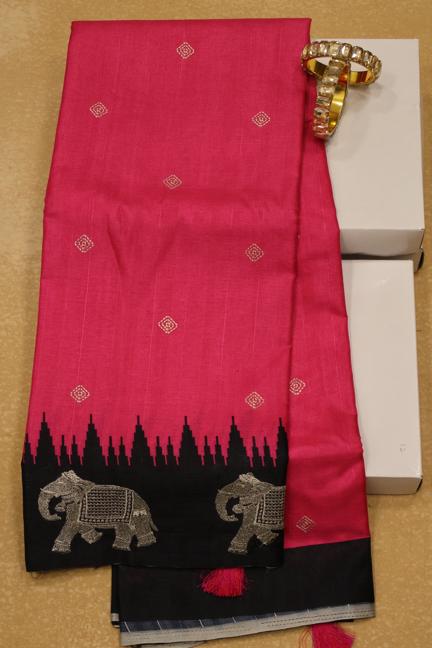 Mulberry Tussar Saree-Pink Zari Elephant