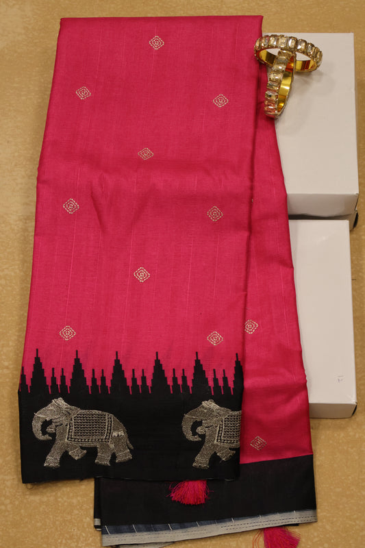 Mulberry Tussar Saree-Pink Zari Elephant