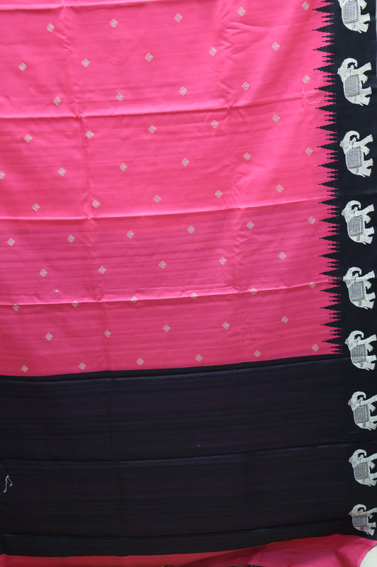 Mulberry Tussar Saree-Pink Zari Elephant