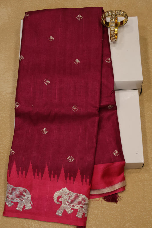 Mulberry Tussar Saree-Magenta Zari Elephant