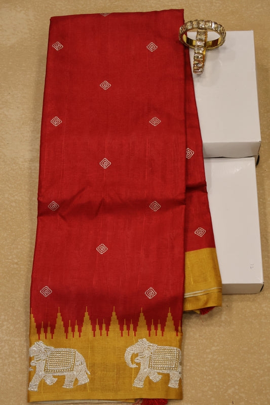 Mulberry Tussar Saree-Red Zari Elephant