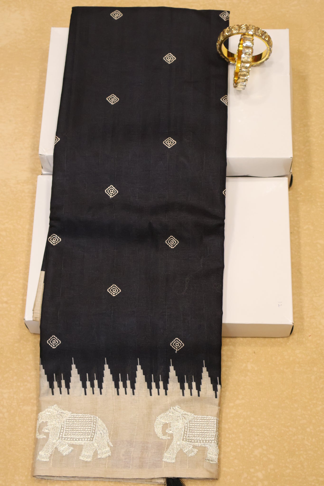 Mulberry Tussar Saree-Black Zari Elephant