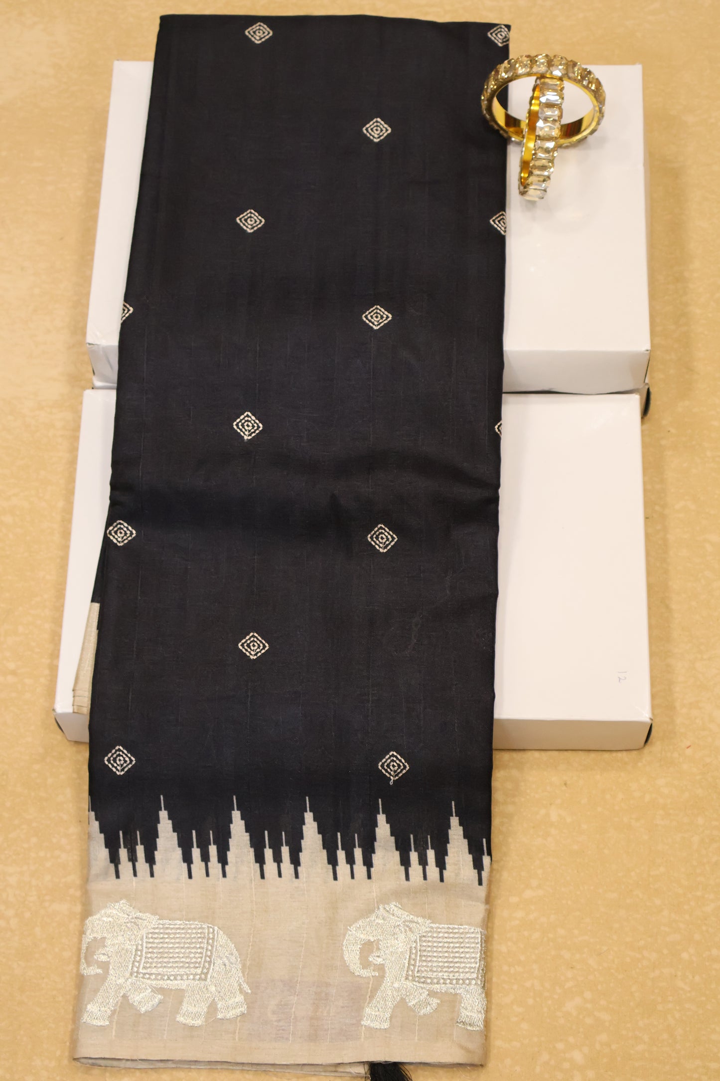 Mulberry Tussar Saree-Black Zari Elephant