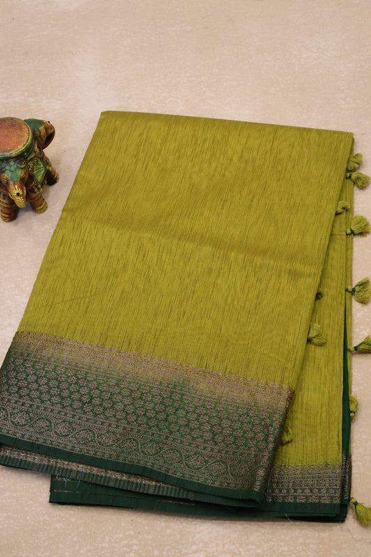 Bamboo Silk saree-Thick Line Mehandi Green
