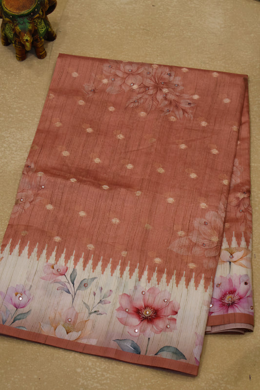Tussar Kota saree-Pale Orange Floral Print