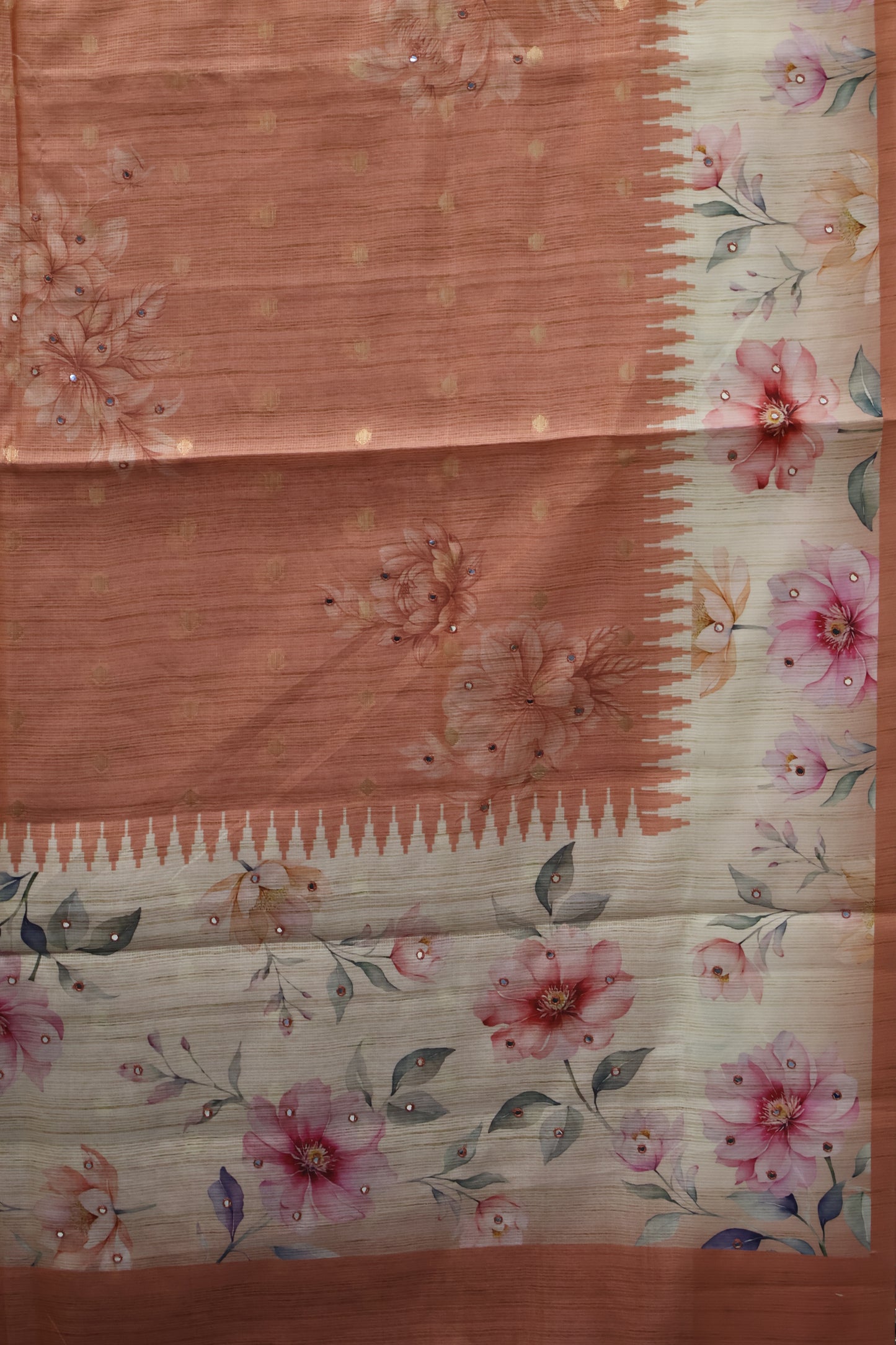 Tussar Kota saree-Pale Orange Floral Print