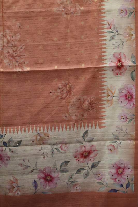 Tussar Kota saree-Pale Orange Floral Print