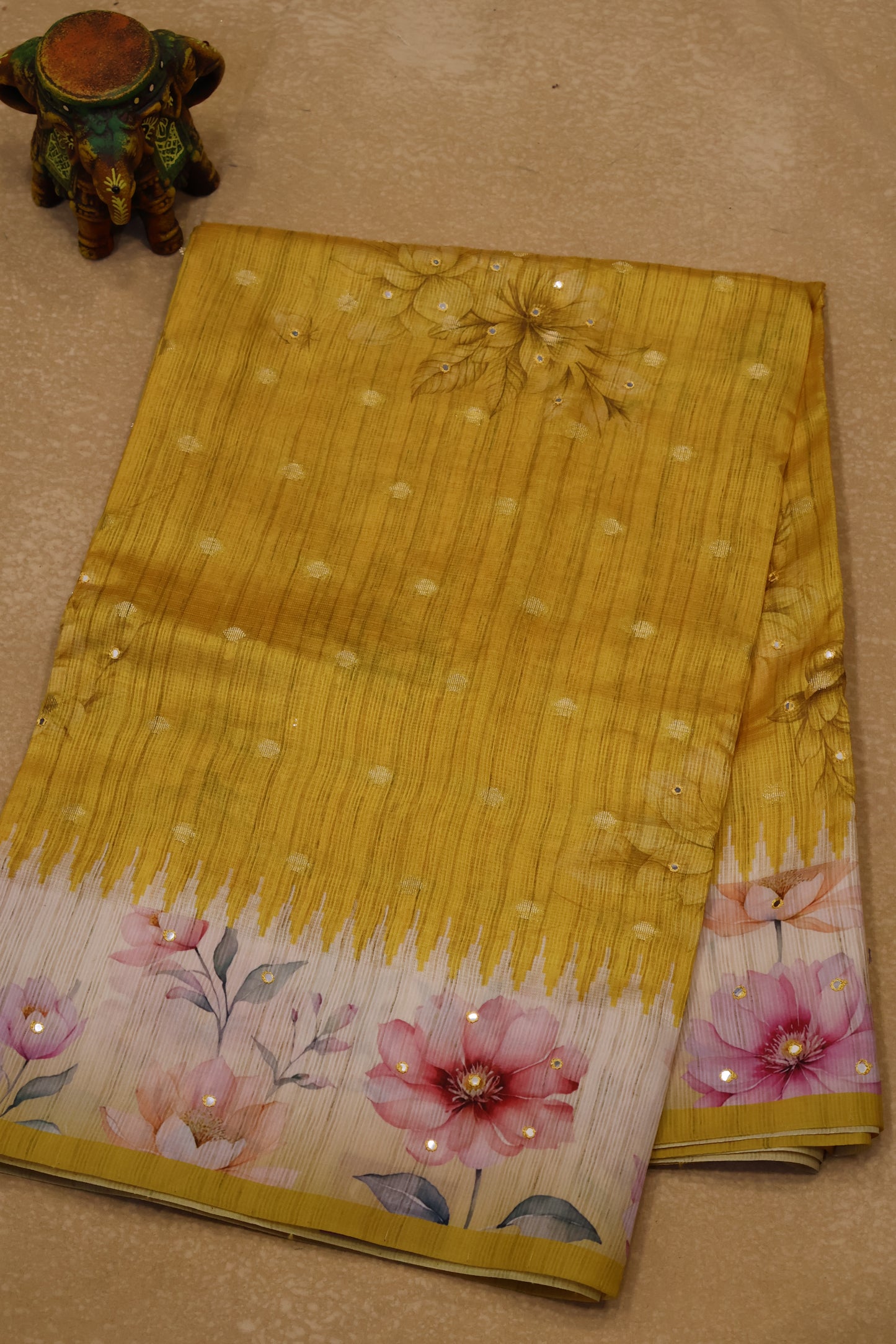 Tussar Kota saree-Yellow Floral Print