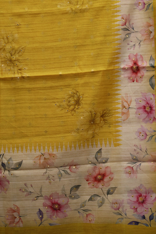 Tussar Kota saree-Yellow Floral Print