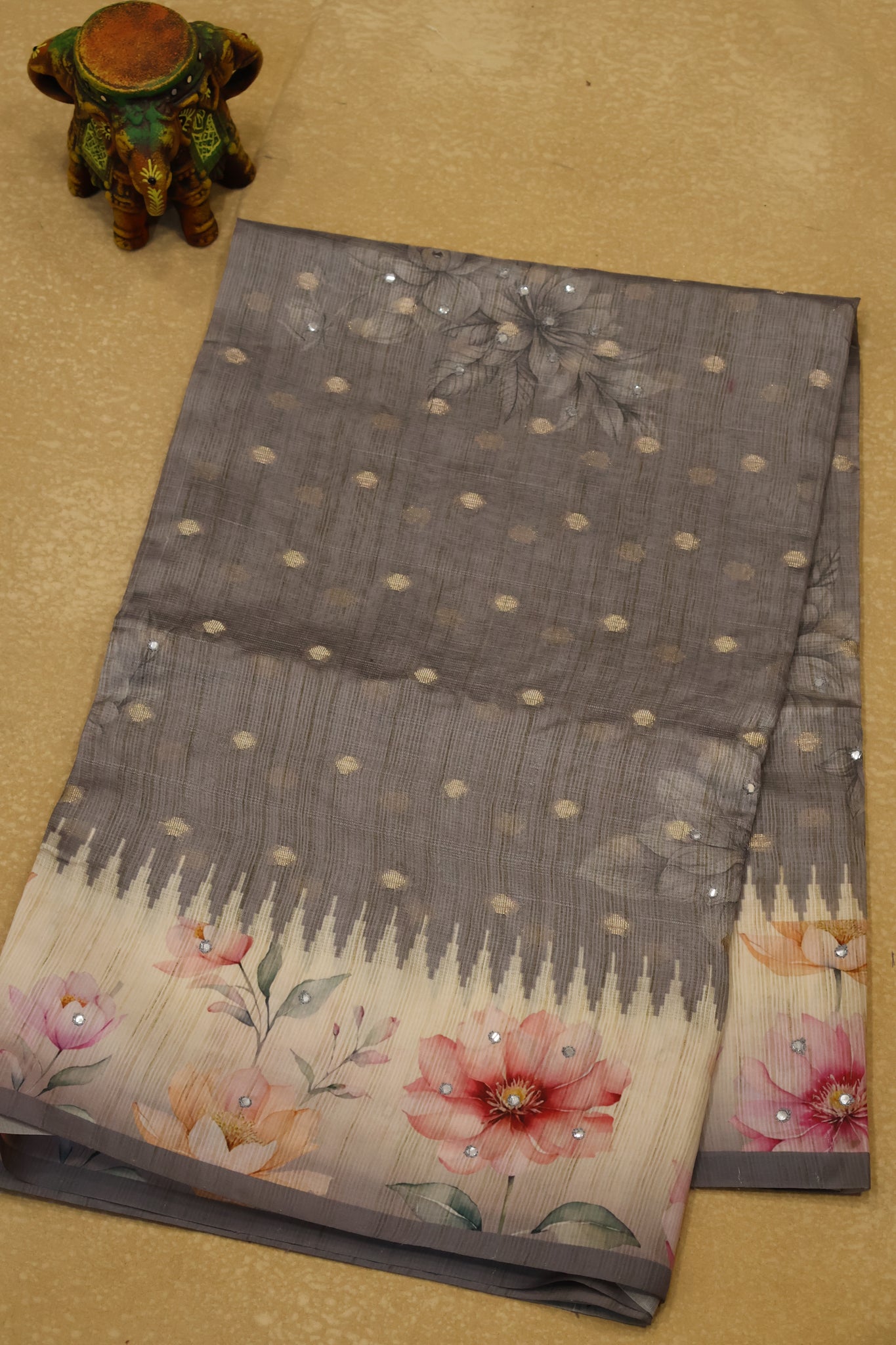 Tussar Kota saree-Grey Floral Print