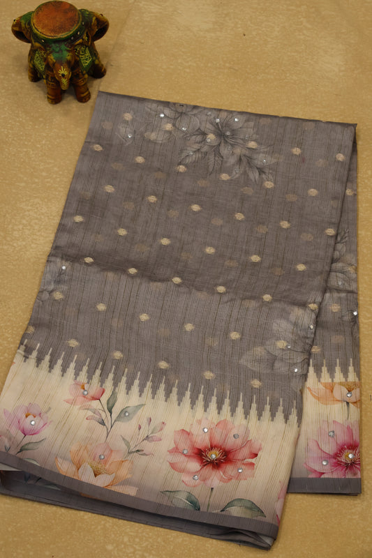 Tussar Kota saree-Grey Floral Print