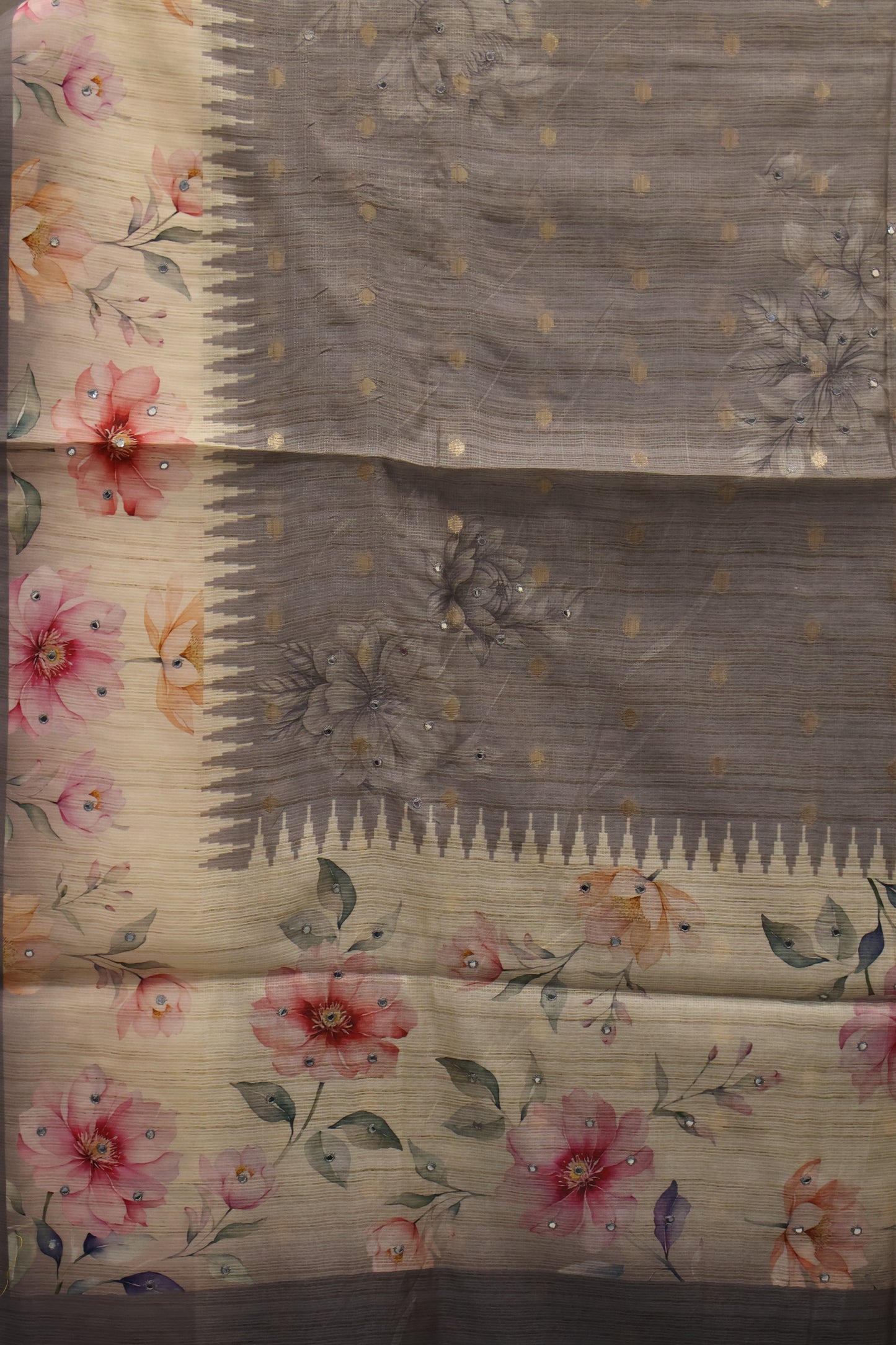 Tussar Kota saree-Grey Floral Print