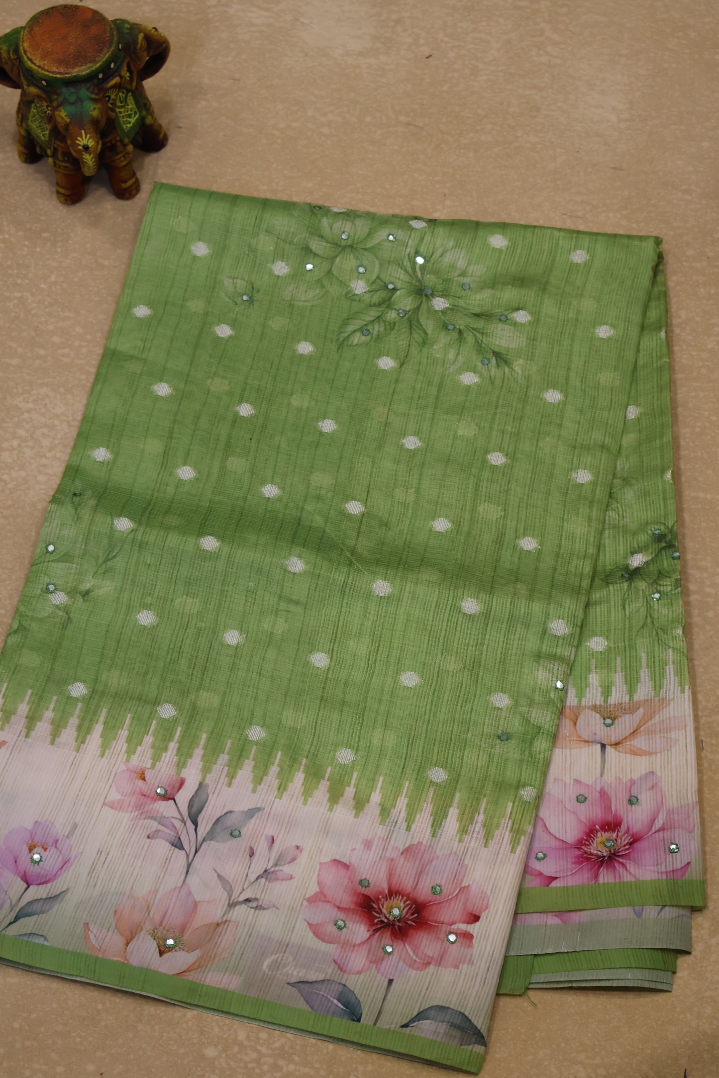Tussar Kota saree-Green Floral Print