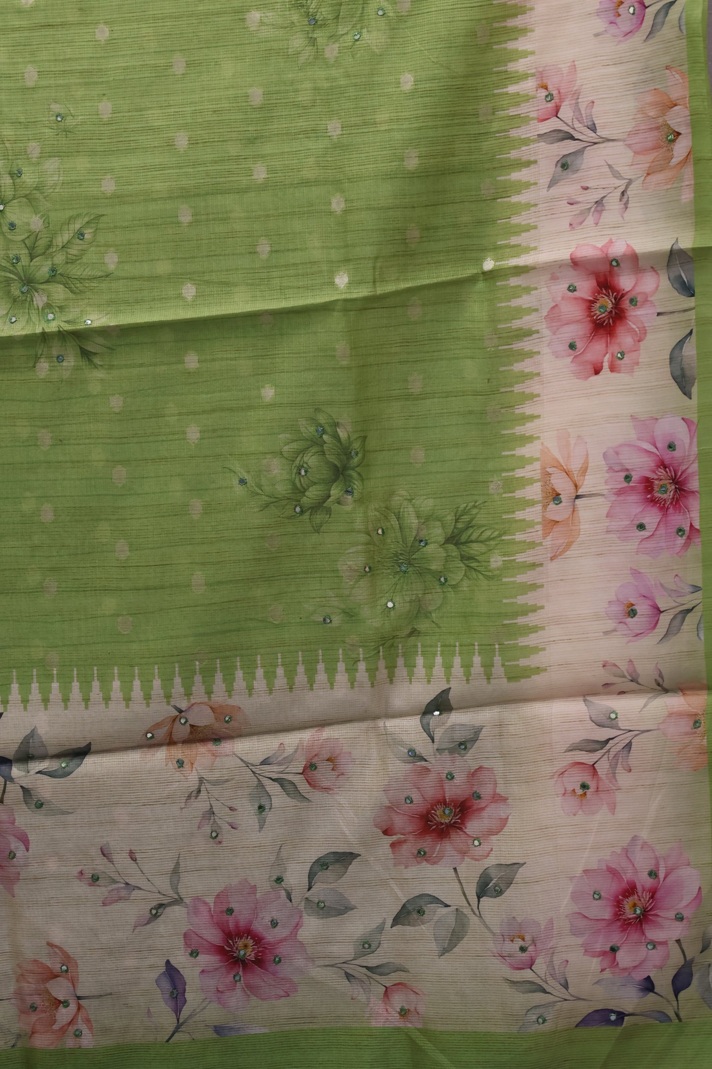 Tussar Kota saree-Green Floral Print