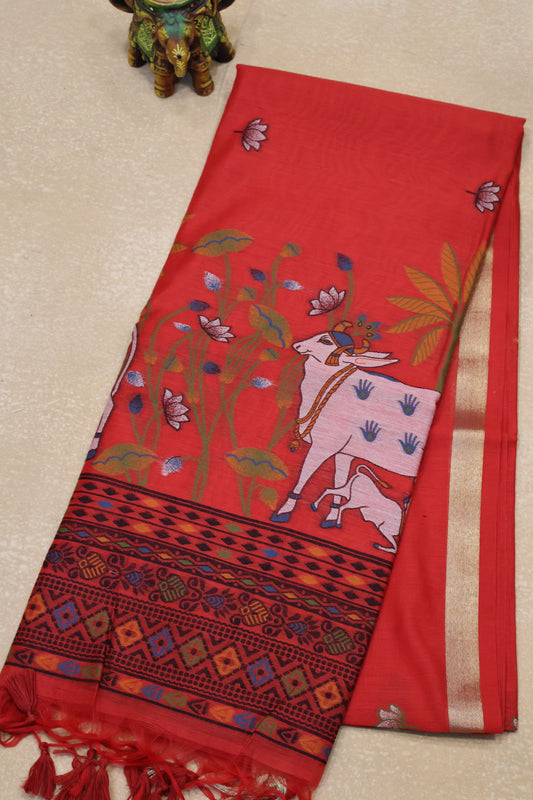 Handloom Jamdani Saree-Red Pichwai Border