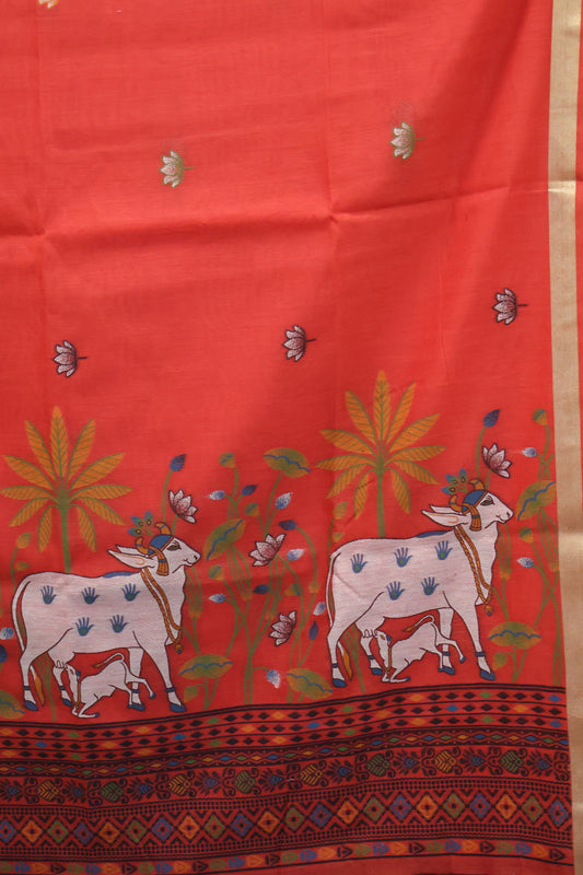 Handloom Jamdani Saree-Red Pichwai Border