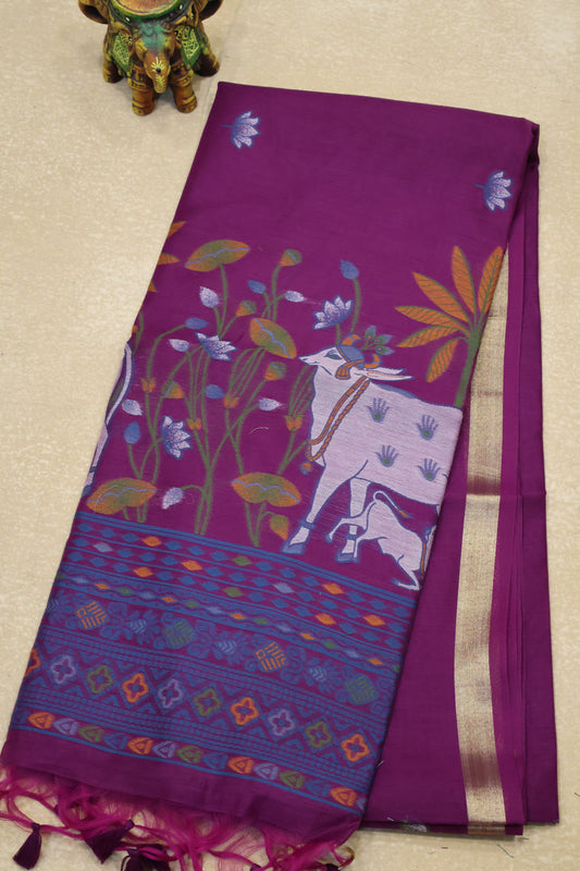 Handloom Jamdani Saree-Purple Pichwai Border