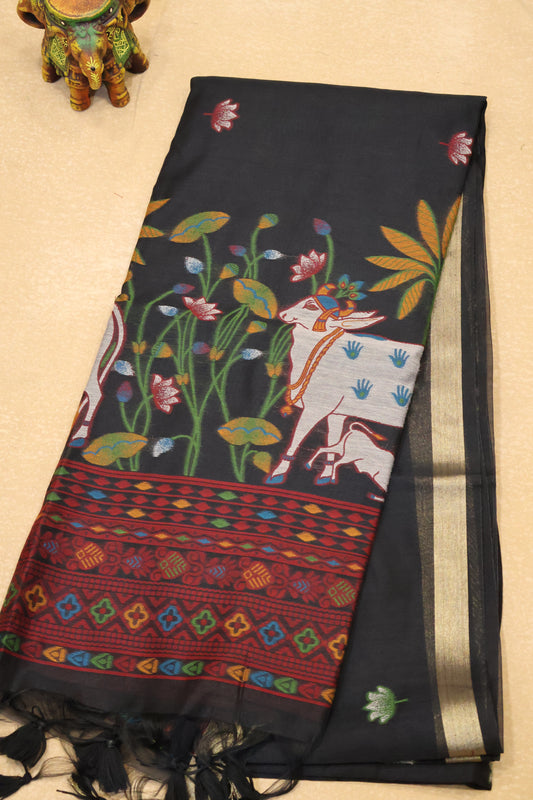 Handloom Jamdani Saree-Black Pichwai Border