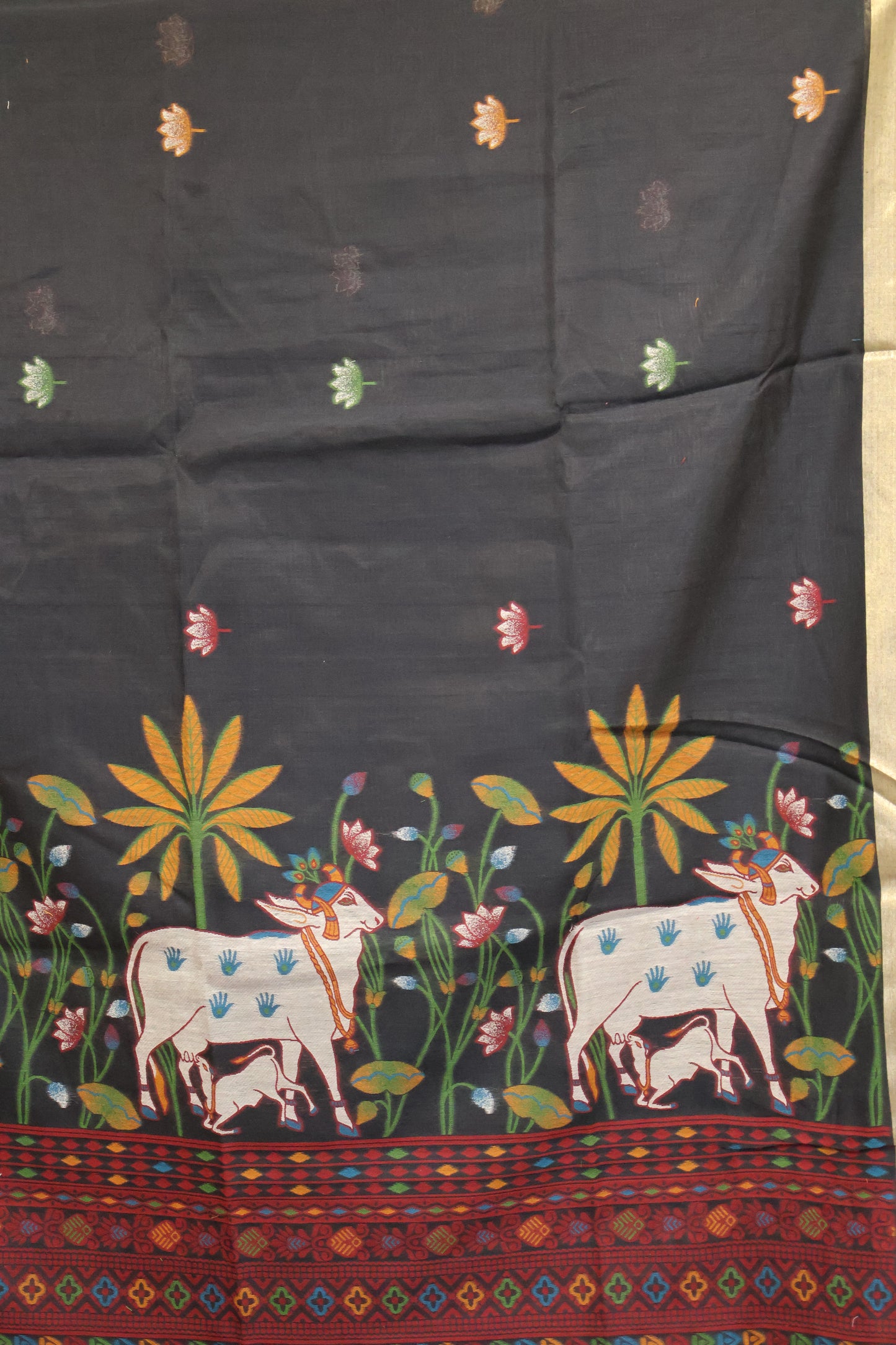 Handloom Jamdani Saree-Black Pichwai Border