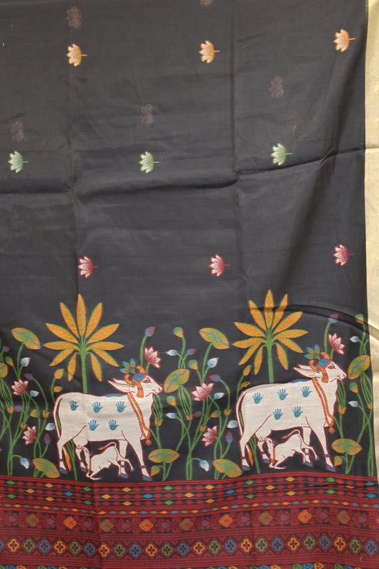 Handloom Jamdani Saree-Black Pichwai Border