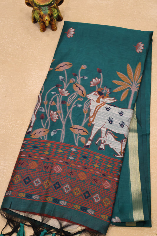 Handloom Jamdani Saree-Peacock Green Pichwai Border