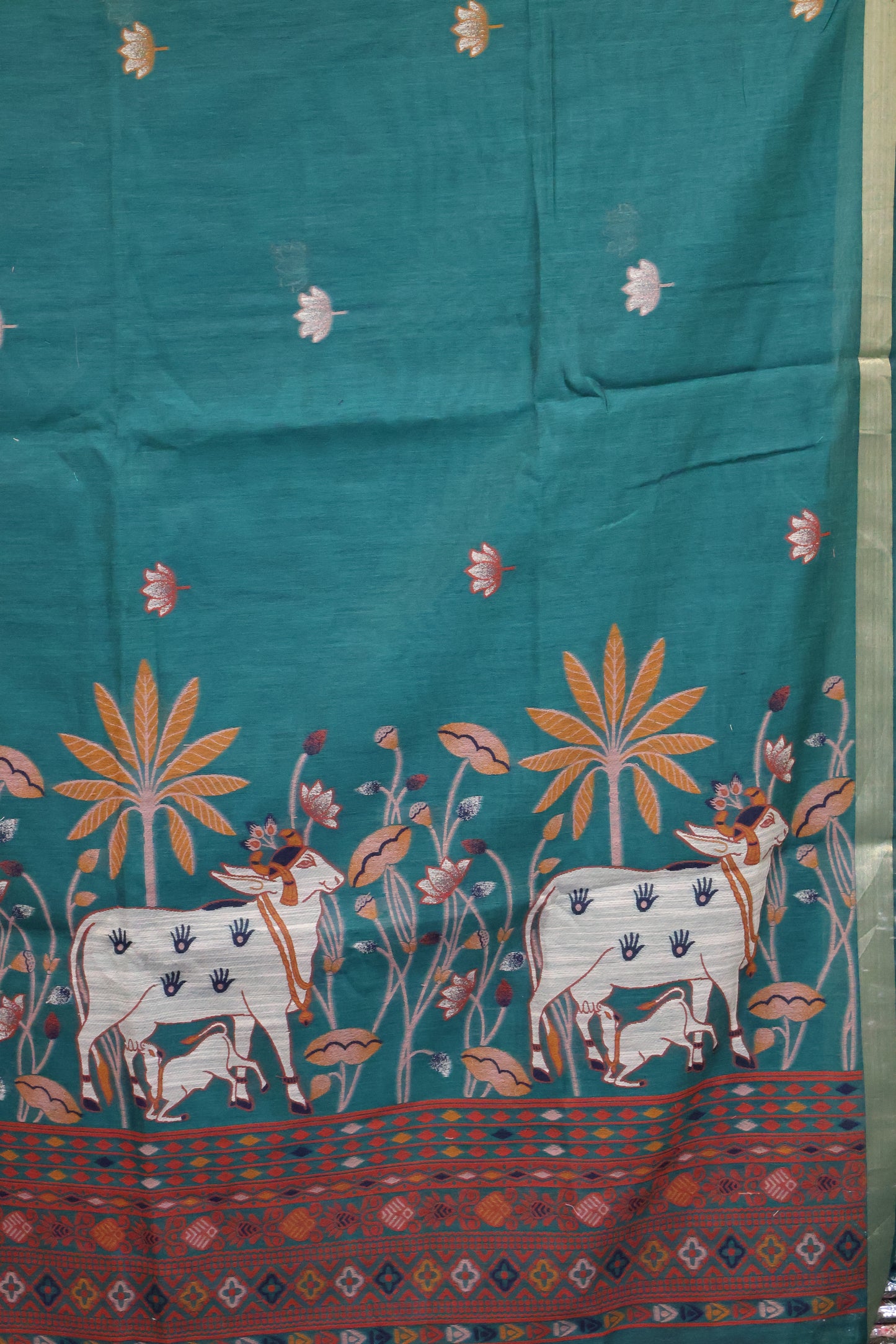Handloom Jamdani Saree-Peacock Green Pichwai Border