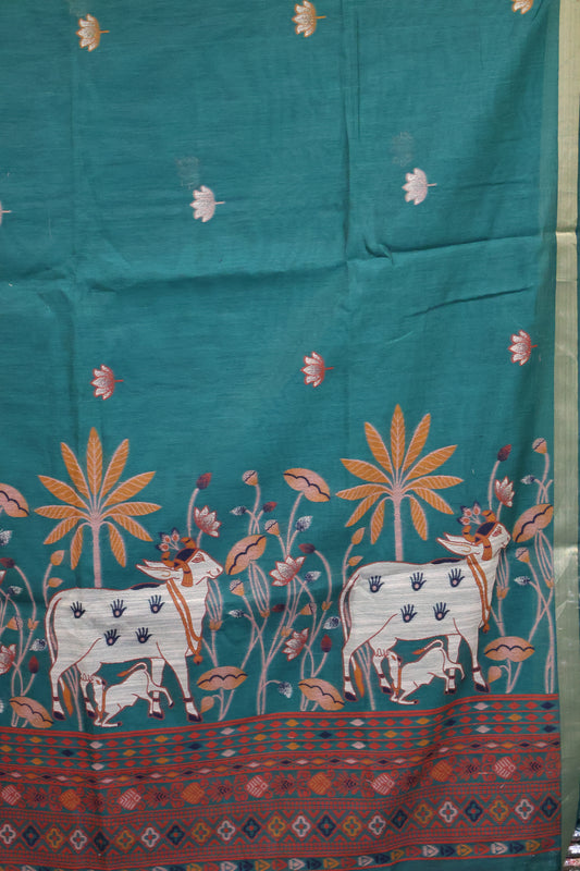 Handloom Jamdani Saree-Peacock Green Pichwai Border