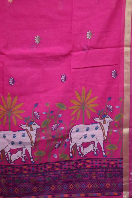 Handloom Jamdani Saree-Pink Pichwai Border