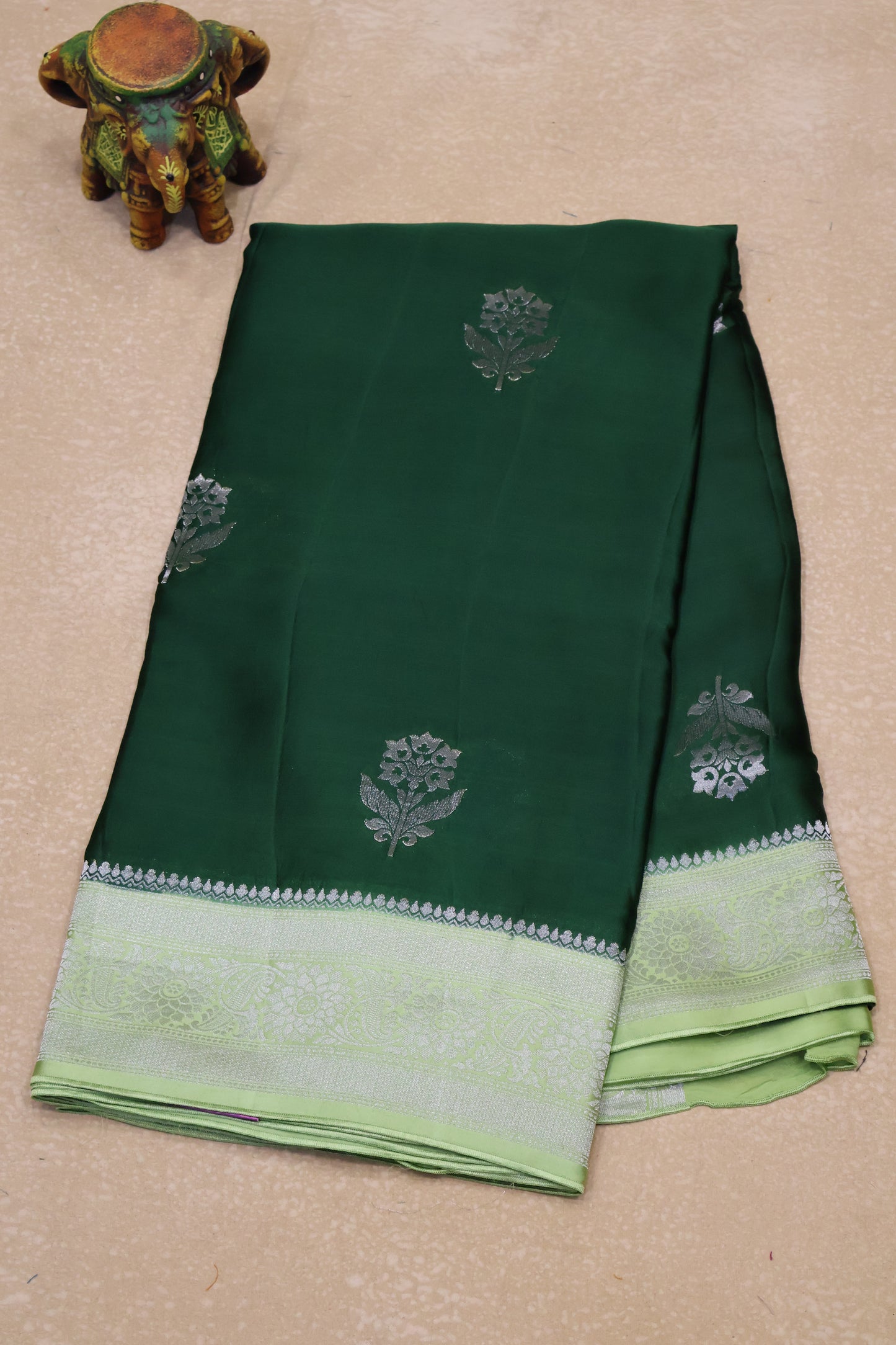 Banarasi Crepe Saree-Green Floral Silver Zari