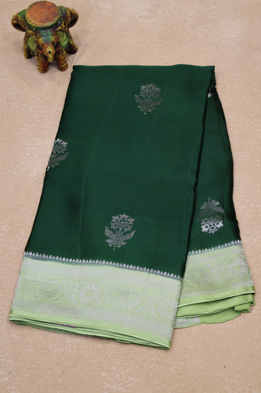 Banarasi Crepe Saree-Green Floral Silver Zari