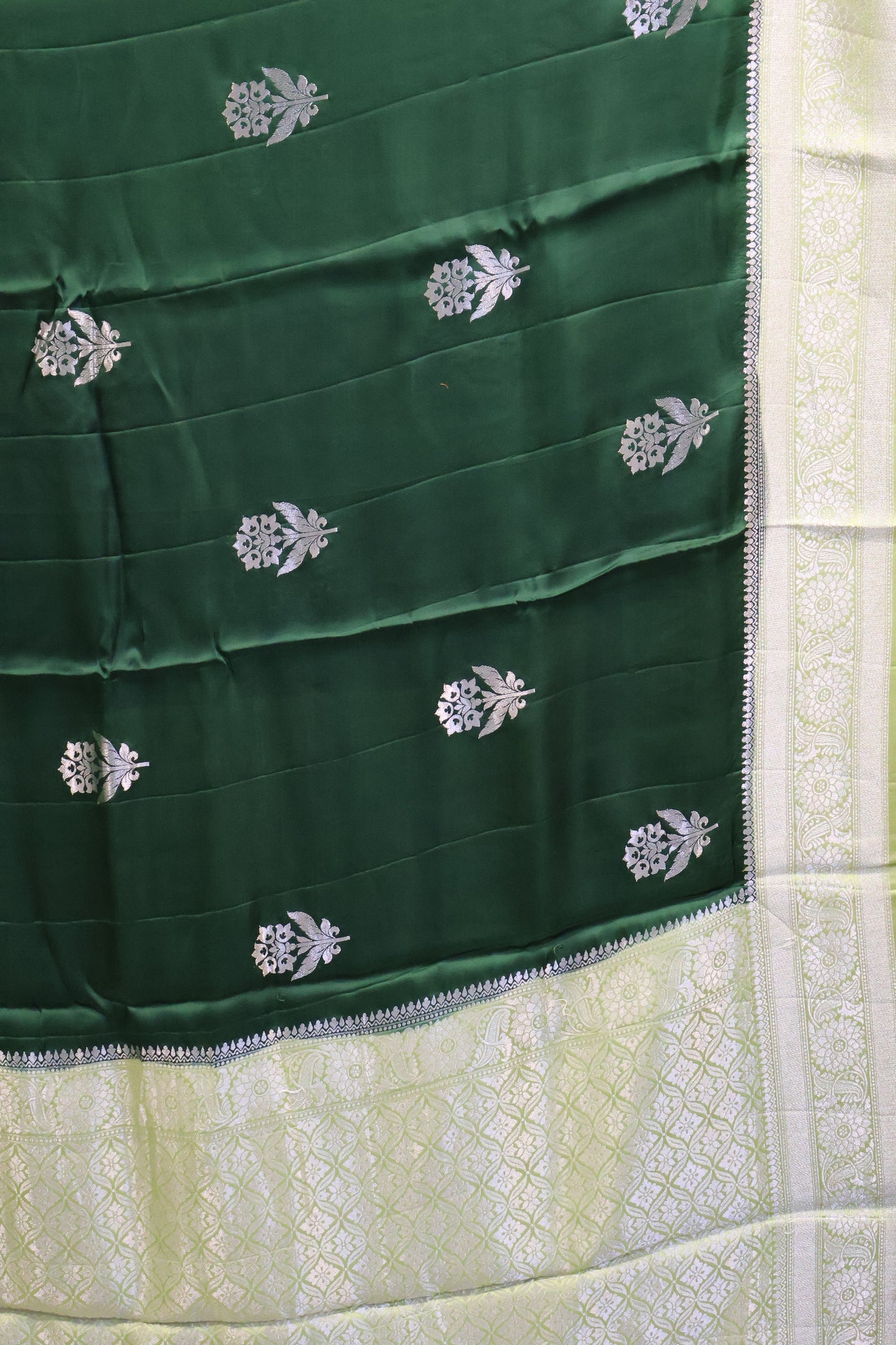 Banarasi Crepe Saree-Green Floral Silver Zari