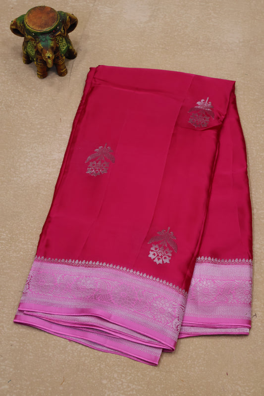 Banarasi Crepe Saree-Rani Pink Floral Silver Zari