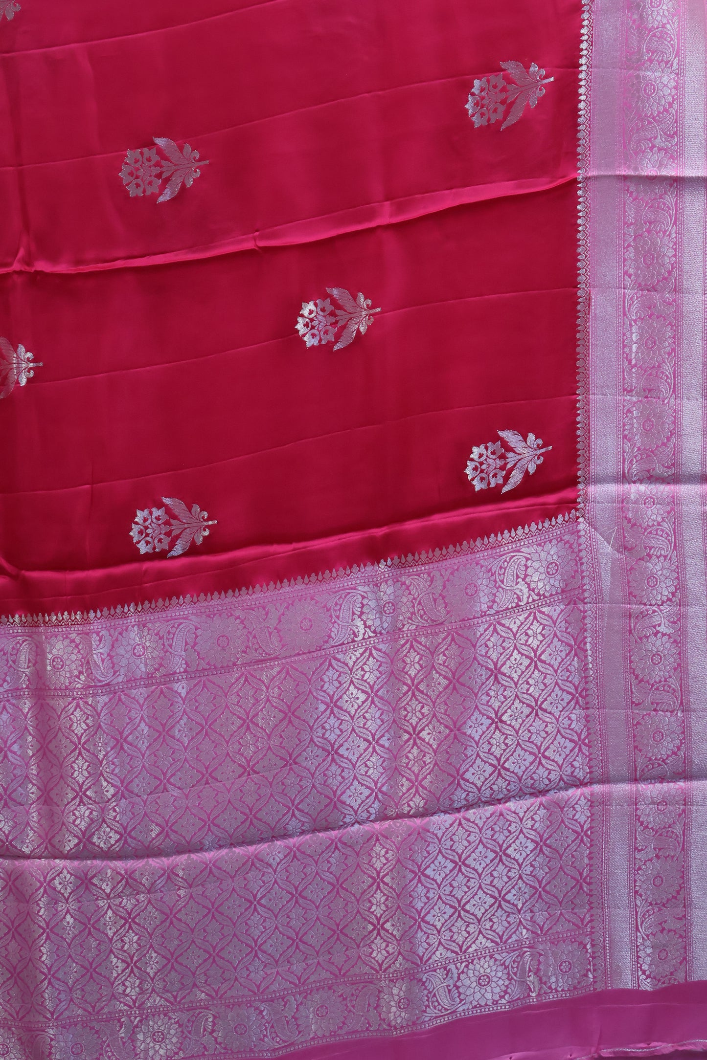 Banarasi Crepe Saree-Rani Pink Floral Silver Zari