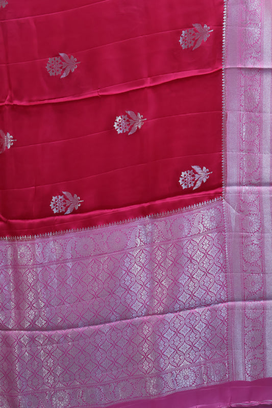 Banarasi Crepe Saree-Rani Pink Floral Silver Zari